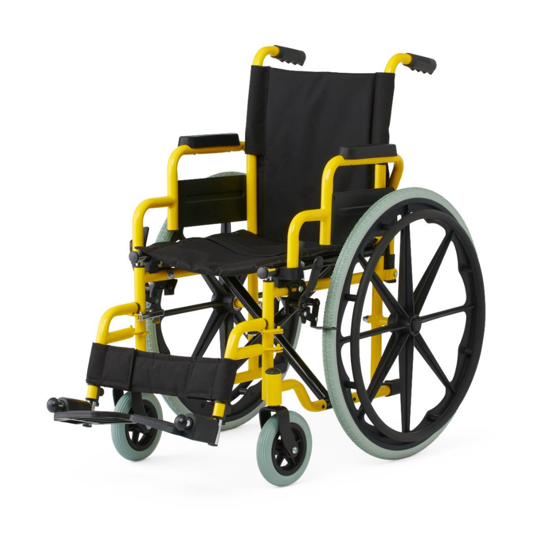 The Medline Pediatric Kidz Guardian Wheelchair features a yellow frame, black seat and backrest, large rear wheels, small front wheels, footrests, and safety features for dependable pediatric use.